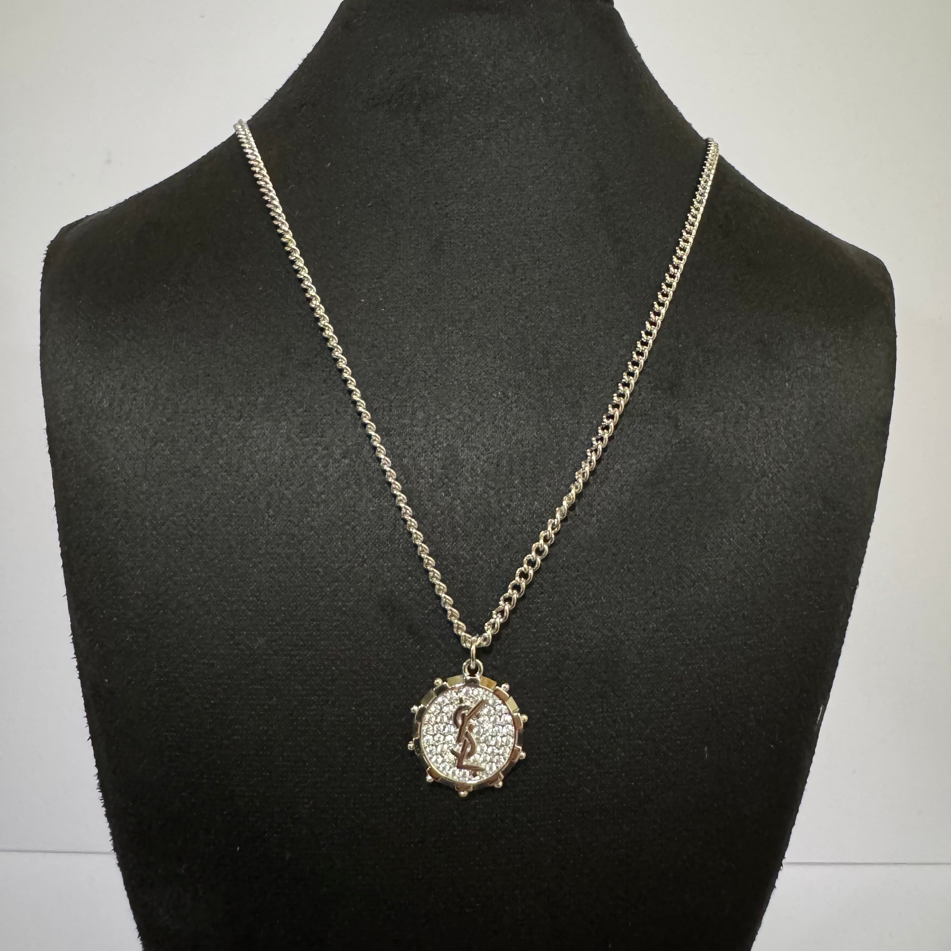 YSL SILVER RHINESTONE PENDANT NECKLACE