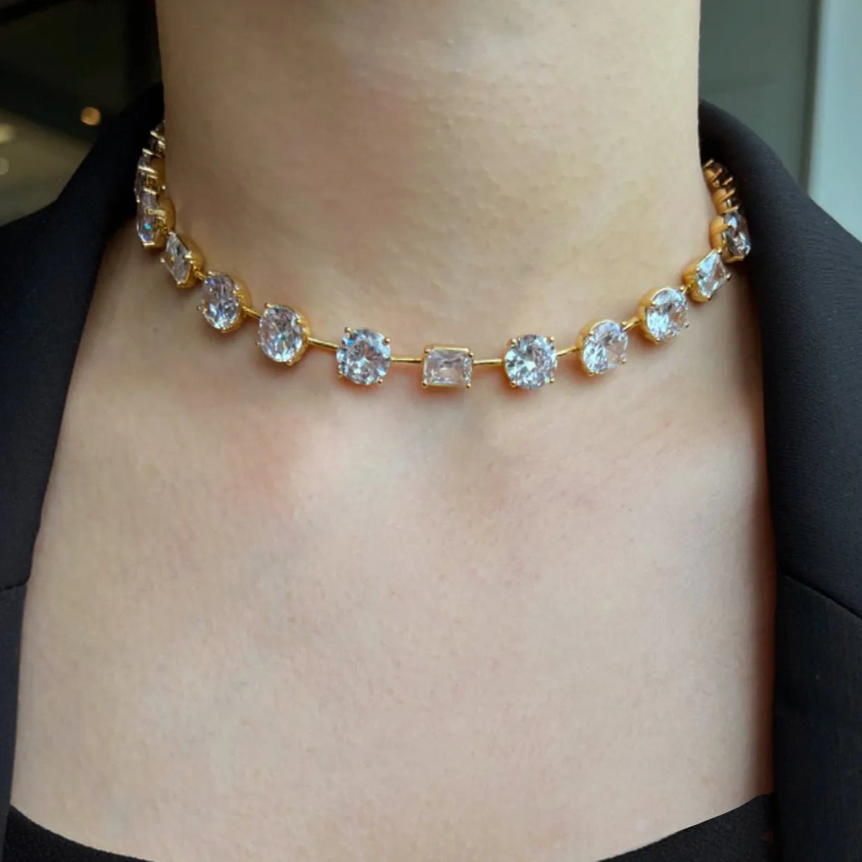 CRYSTAL STONE TENNIS CHOKER NECKLACE